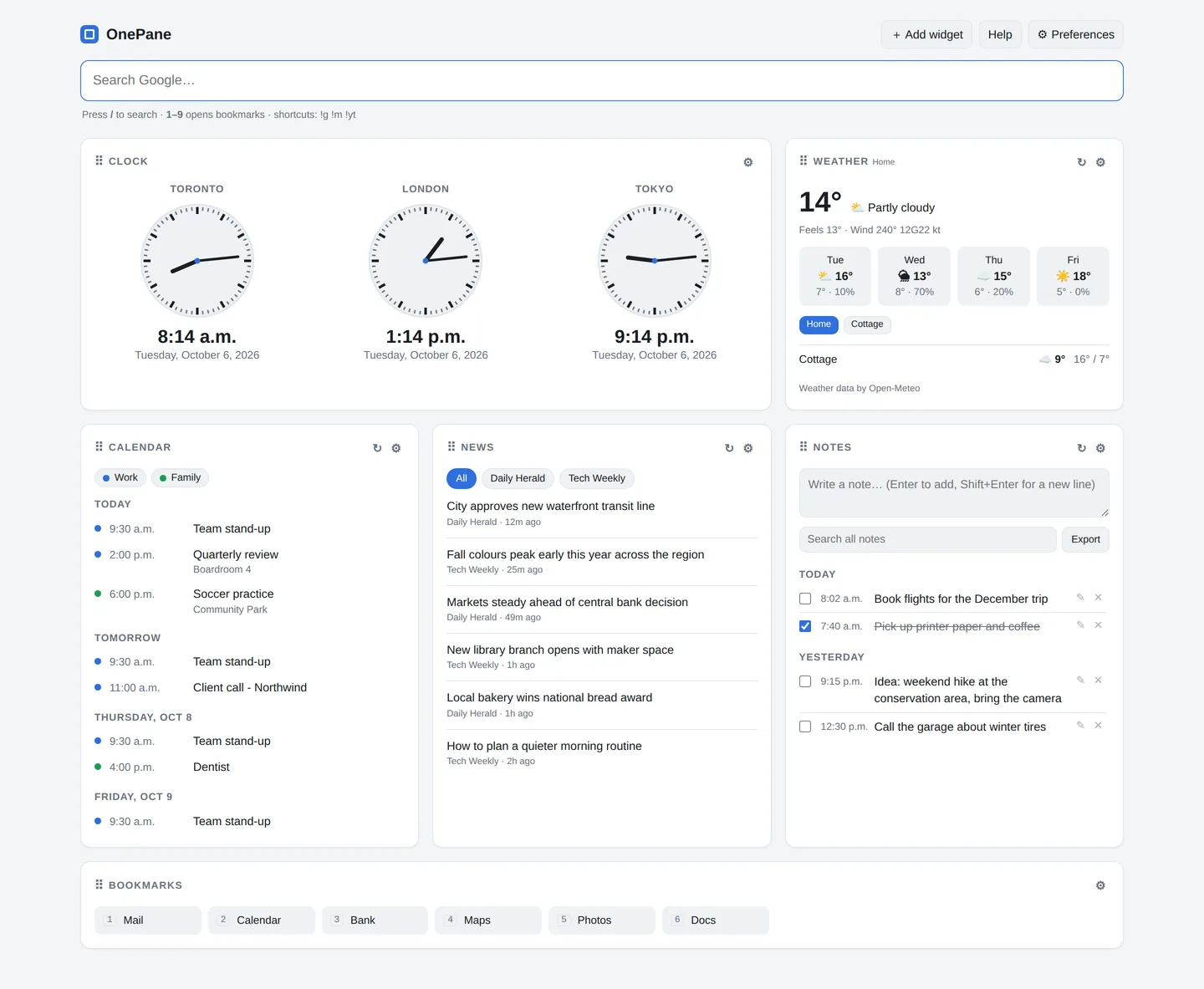 OnePane start page with a world clock, weather, calendars, news, notes and bookmarks