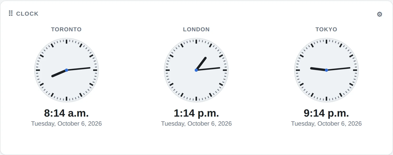 Clock widget showing Toronto, London and Tokyo