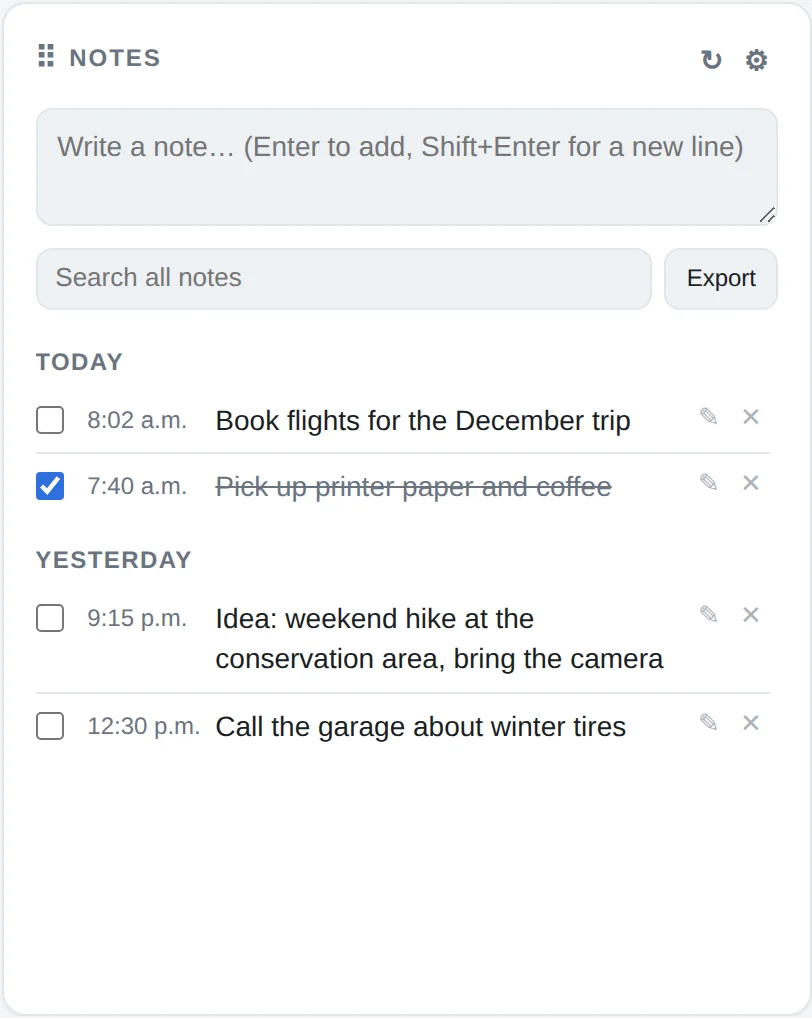 Notes widget grouped by today and yesterday
