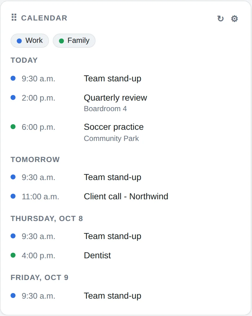 Calendar widget with work and family events