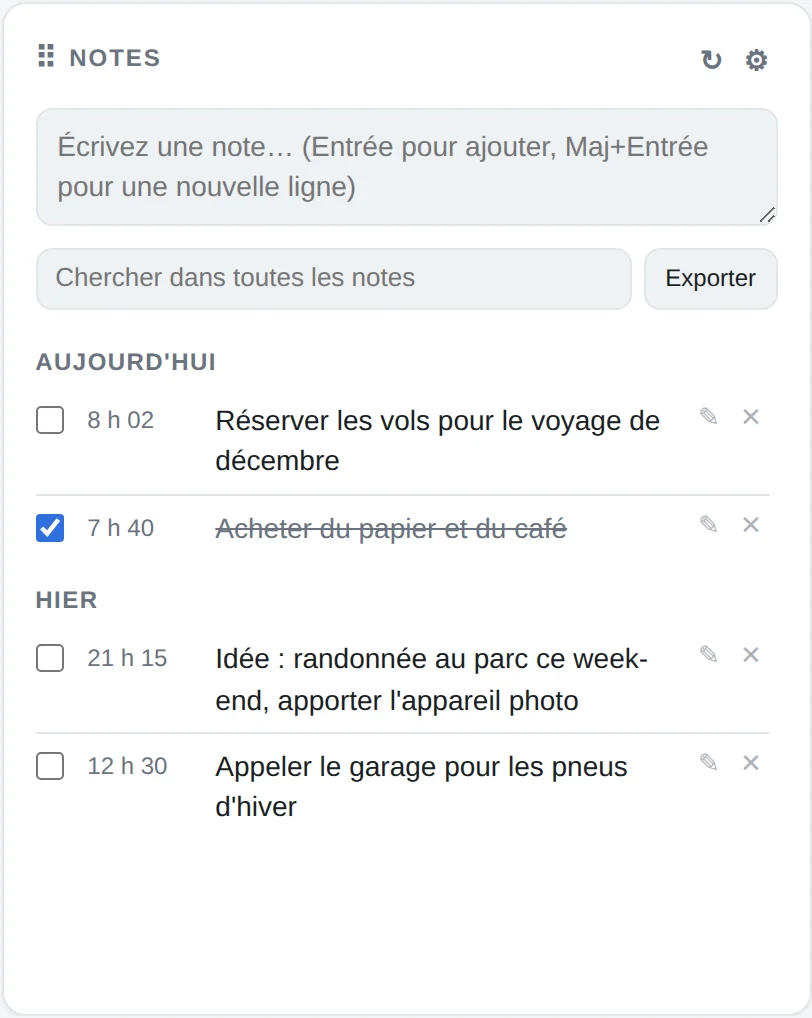 Module Notes groupé par aujourd'hui et hier