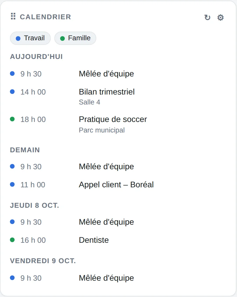Module Calendrier avec des événements de travail et de famille
