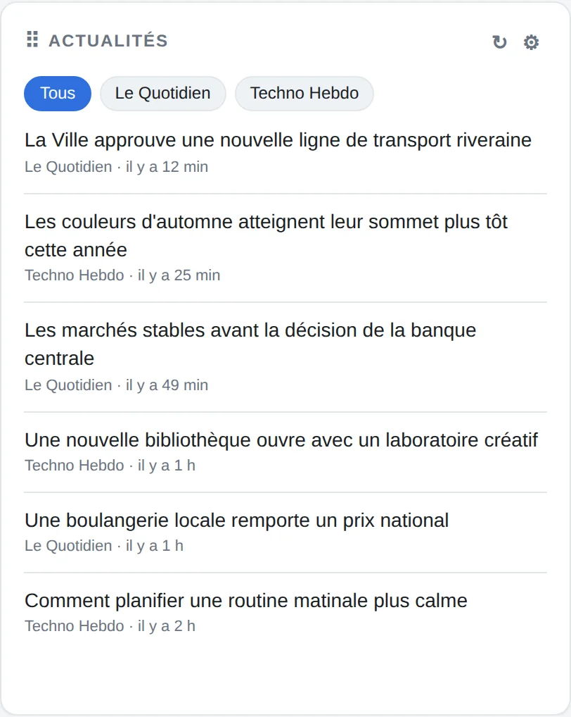 Module Actualités avec les manchettes de deux sources